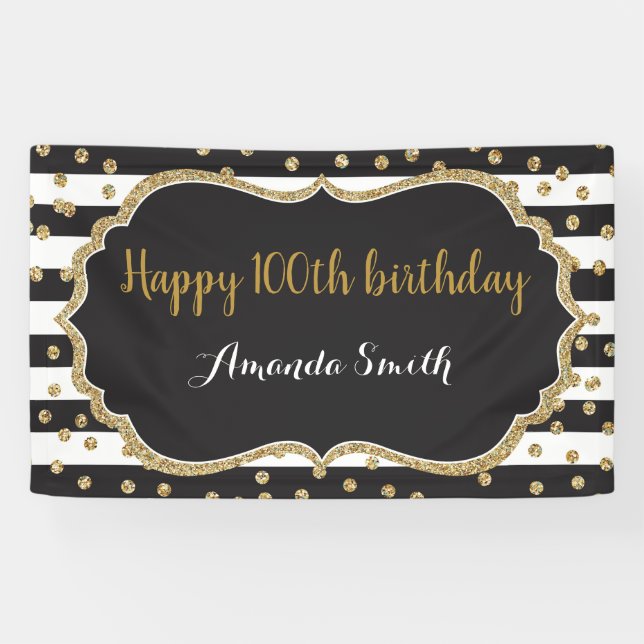 Lona Cartel de feliz cumpleaños número 100. Purpurina d (Horizontal)