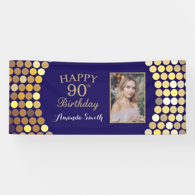 Lona Cartel de feliz cumpleaños número 90. Foto de oro  (Horizontal)