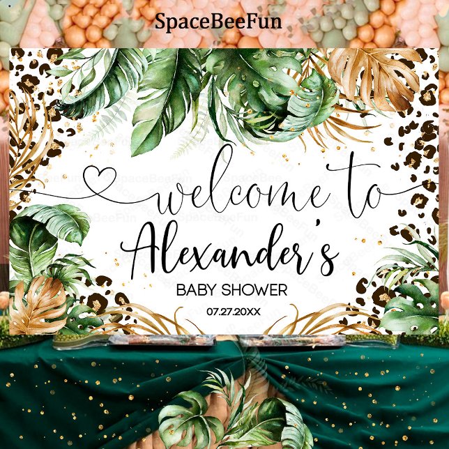 Lona Cartel de fondo de Safari Baby Shower Leopard Boy (Safari Baby Shower boy,safari animals,Backdrop Banner,Welcome sign,leon elephant,giraffe zebra,banne)