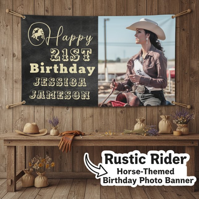Lona Cartel de foto de cumpleaños con tema de caballo " ("Rustic Rider" Horse-Themed Birthday Photo Banner)