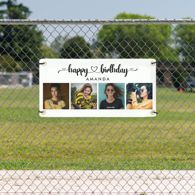 Lona Cartel de Heart Script 4 Photo Happy Birthday (in situ)