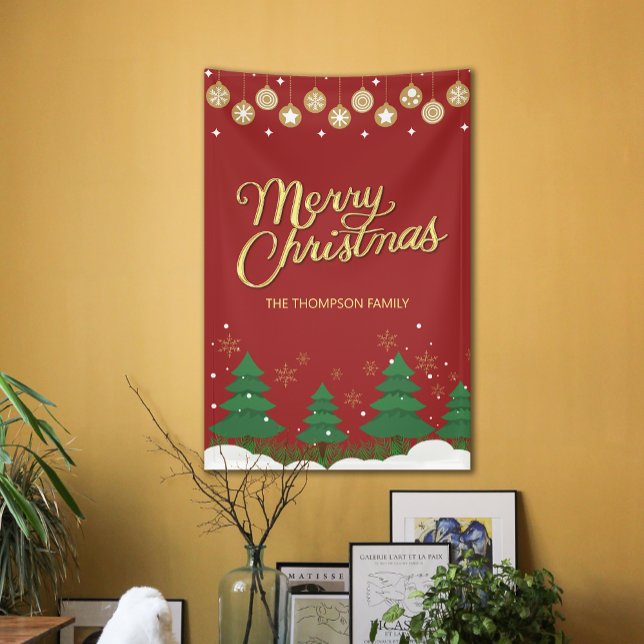 Lona Cartel de la familia de los Árboles Navideños con  (Script Gold Merry Christmas Trees Family Banner)