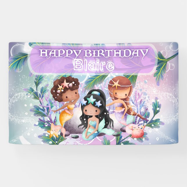 Lona Cartel de la fiesta de cumpleaños de la sirena (Horizontal)