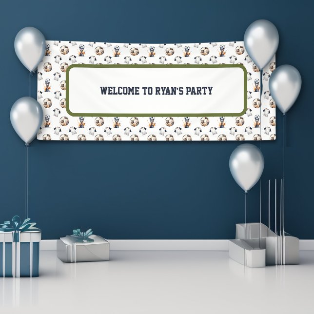 Lona Cartel de la fiesta de cumpleaños deportiva (Green Blue Soccer Birthday Party Banner)