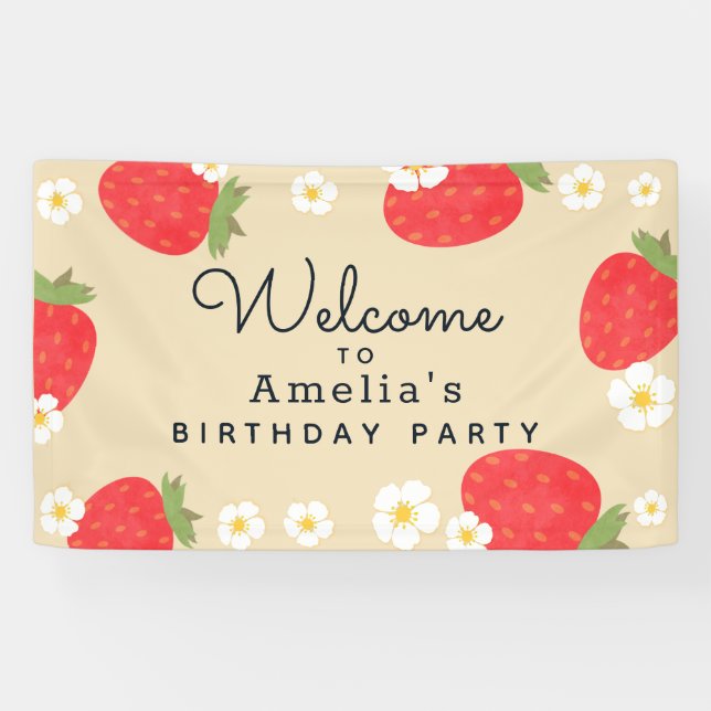 Lona Cartel de la invitación al cumpleaños de fresa (Horizontal)