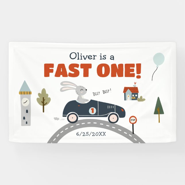 Lona Cartel de primer cumpleaños de Fast One Cars (Horizontal)