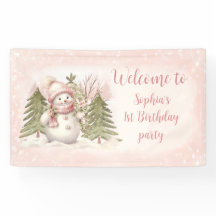 Cartel de primer cumpleaños de invierno rosa de Sn