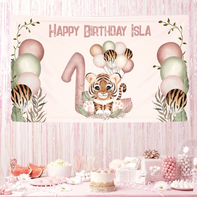 Lona Cartel de primer cumpleaños del Chica rosado del t (1st Birthday girl party banner with a cute baby tiger)