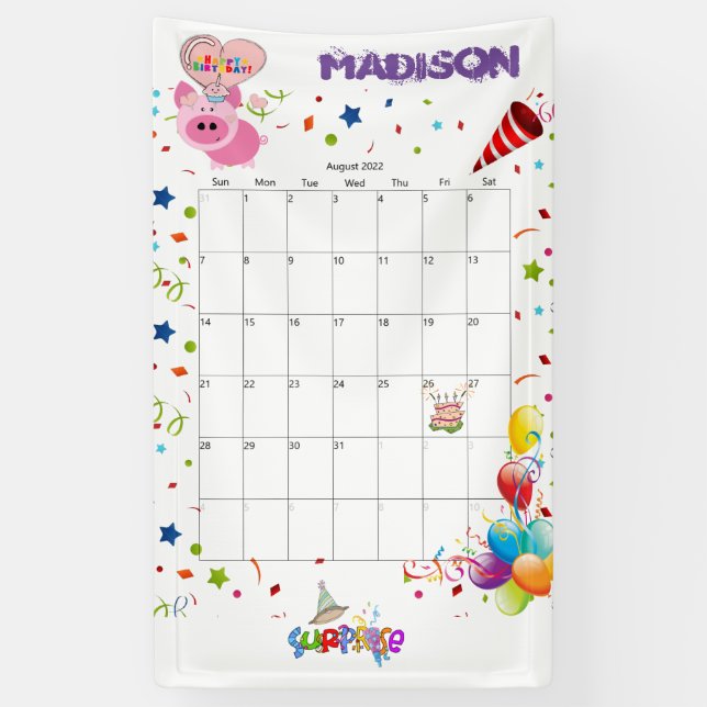 Lona Cartel de Vinyl Happy Birthday Calendar de agosto  (Vertical)