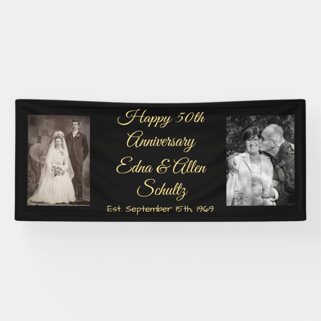 Lona Cartel del 50° aniversario de Black and Gold Happy (Horizontal)