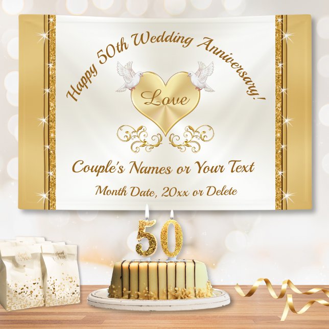 Lona Cartel del 50 aniversario feliz, oro personalizado (50th wedding anniversary banner. Golden anniversary party decorations. 50th anniversary banners. 50)
