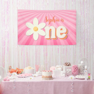 Lona Cartel del primer cumpleaños del dique rosado retr