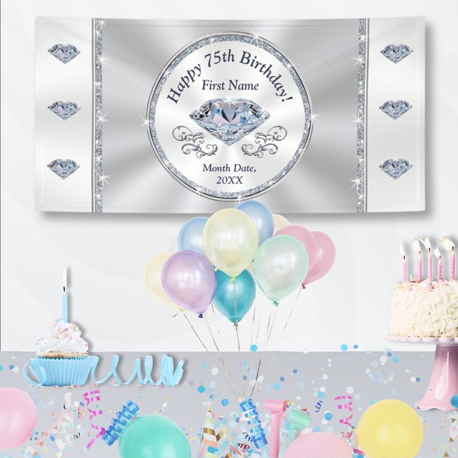 Lona Cartel feliz 75 de cumpleaños, personalizado (Happy 75th Birthday Banner. 75th birthday celebration ideas for mom, dad, grandma or grandpa. 75 yr.)