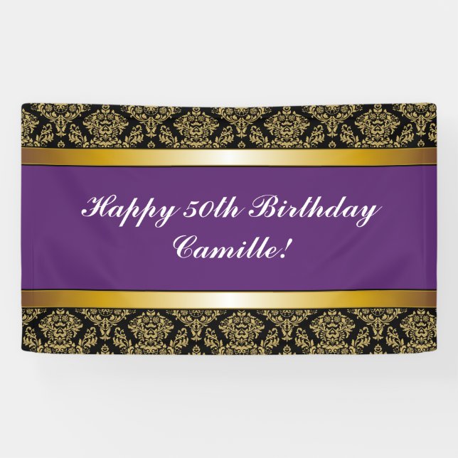 Lona Cartel Purple Any Age Gold Damask Birthday (Horizontal)