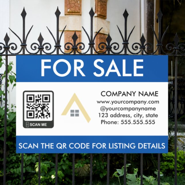 Lona Casa Simple Para La Venta Código QR Rótulo De Logo (real estate for sale blue white professional banner)