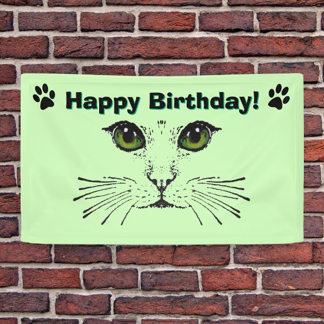 Lona Cat Face Whiskers Green Eyes Paw Impresiones Cumpl (cat face drawing in black green eyes whiskers black cat paw prints on green birthday party backdrop.)