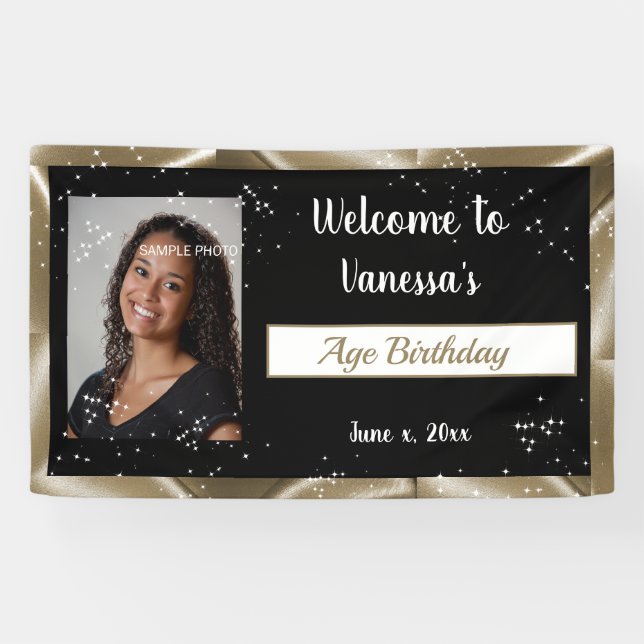 Lona Celebración de Cumpleaños en Seda Dorada con Deste (Horizontal)