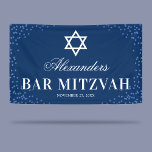 Lona Celebración del Bar Azul Mitzvah<br><div class="desc">Banner fiesta mitzvah del bar personalizado con un elegante fondo azul,  purpurina,  la estrella del símbolo david,  el nombre de los niños y la fecha.</div>