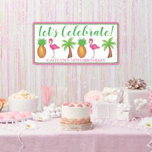 Lona Celebrar el cumpleaños Flamingo Palm Tree Pineappl