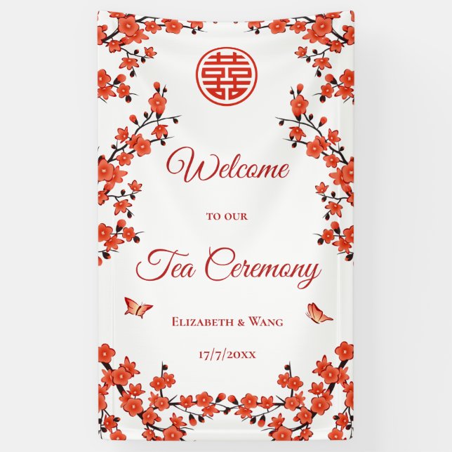 Lona Ceremonia de Té de Flor de Cerezo Roja (Vertical)