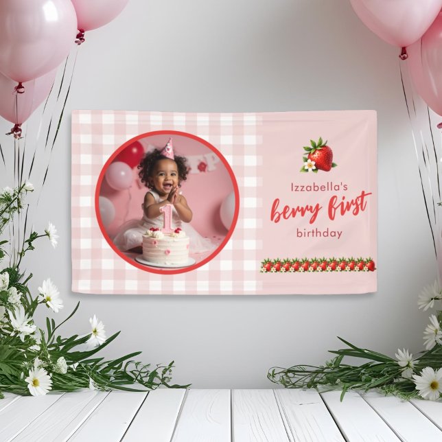 Lona Cerezo de fresa primer cartel de cumpleaños (Berry First Strawberry First Birthday Party Wall Banner)