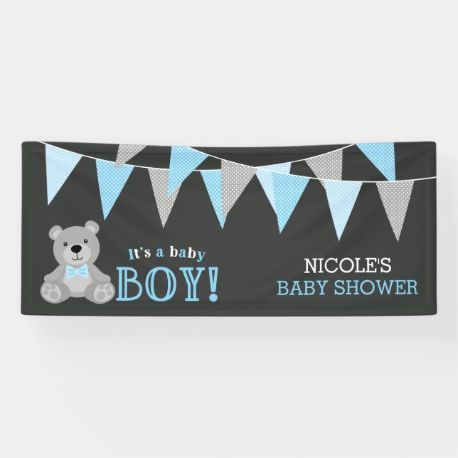 Lona Chalkboard Gray Teddy Bear Boy Baby Shower (Horizontal)