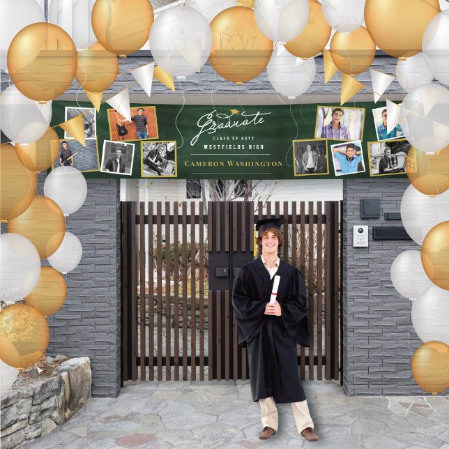 Lona Chalkboard Modern Script 10 Photo Graduation Party (Stylish Graduate Script Retro Dark Green Chalkboard 10 Photo Graduation Party Banner @ fatfatin)
