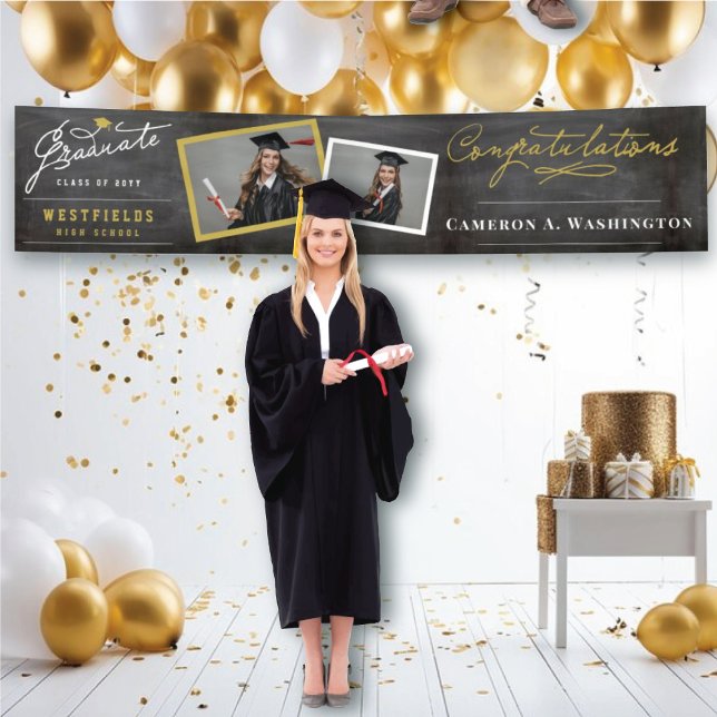 Lona Chalkboard Stylish 2 Photo Graduation Party (Chalkboard Graduate Script 2 Photo Modern Graduation Party Banner @ www.zazzle.com/color_therapy)
