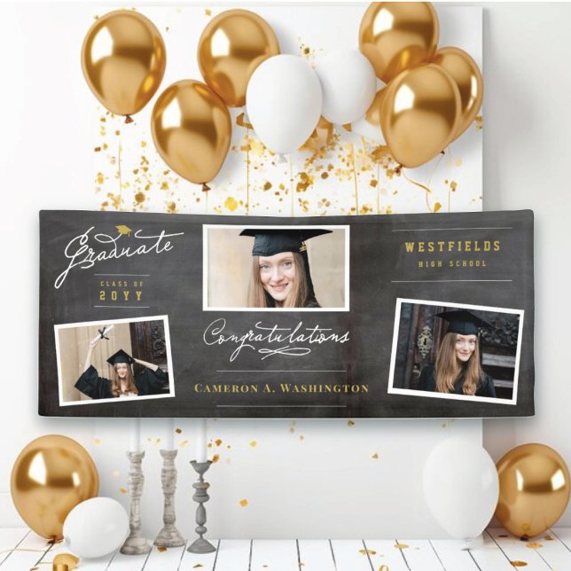 Lona Chalkboard Stylish 3 Photo Graduation Party (Chalkboard Graduate Script 3 Photo Modern Graduation Party Banner @ www.zazzle.com/color_therapy)
