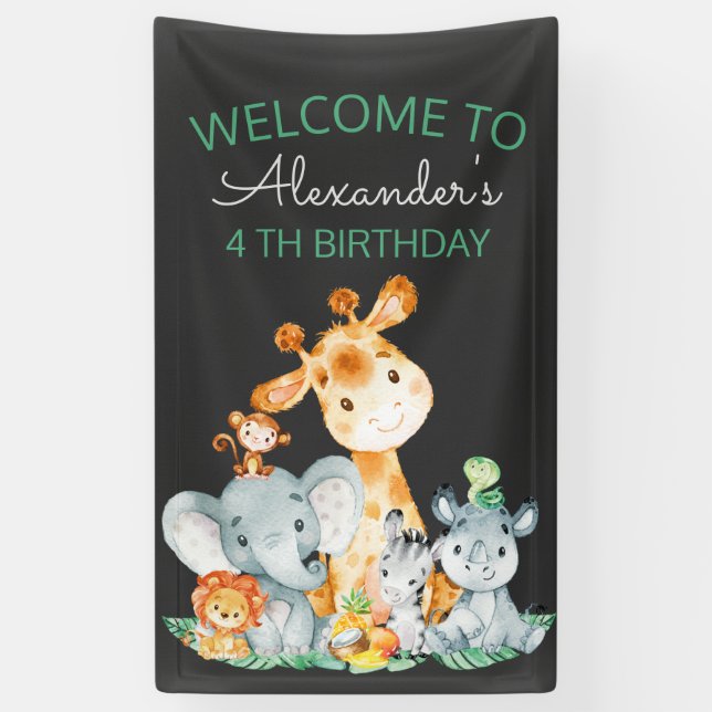 Lona Chalkboard Watercolor Cute Safari Animales Cumplea (Vertical)