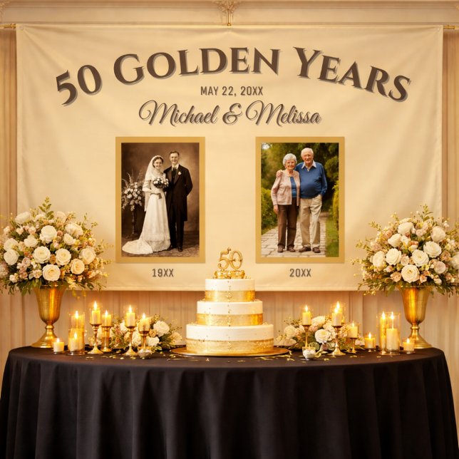 Lona Champagne Gold 50 Golden Years Photo Anniversary B (Champagne Gold 50 Golden Years Photo Anniversary Banner Cake Table Backdrop)