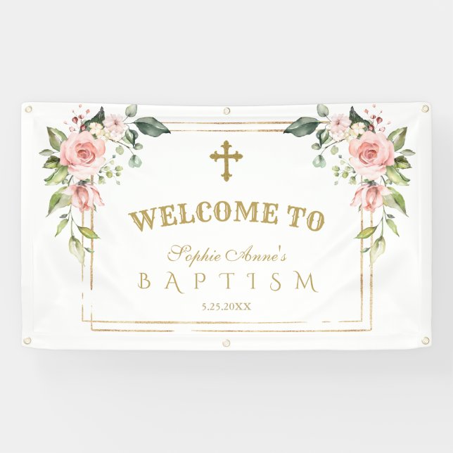 Lona Charm Pink Rubor Flores Gold Baptism Signo de bien (Horizontal)