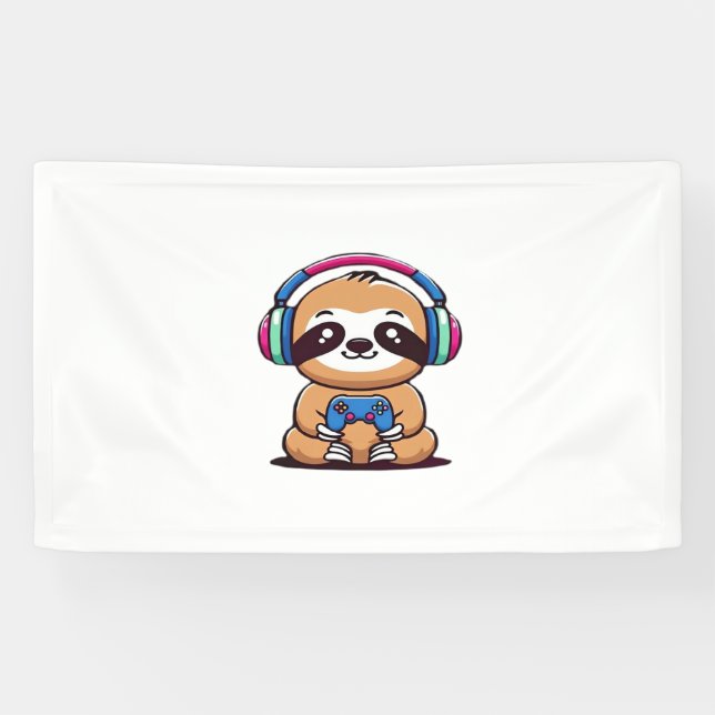Lona Chibi Kawaii Sloth Gamer - Animal gracioso con (Horizontal)