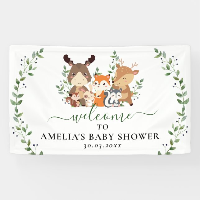 Lona Chic Arbolado Verde Bosque Animales Baby Shower (Horizontal)