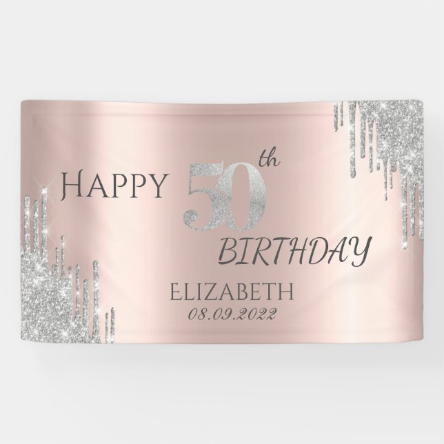 Lona Chic Gotear Brillo Plateado Rosa Dorado Cumpleaños (Horizontal)