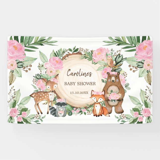 Lona Chica Baby Shower de Animales de Woodland Florales (Horizontal)