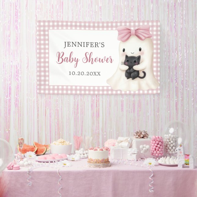 Lona Chica Baby Shower de Fantasma Rosa Gingham Hallowe (Fiesta)