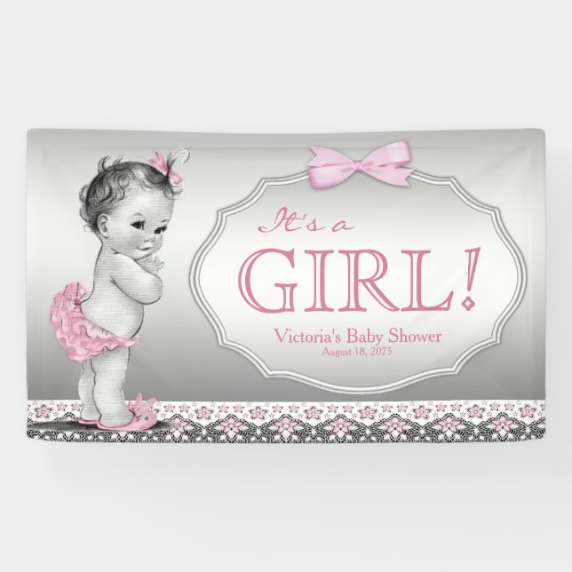 Lona Chica Bebé Vintage Rosa Gris Baby Shower (Horizontal)
