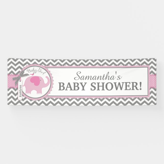 Lona Chica Chevron Baby Shower del elefante rosado (Horizontal)