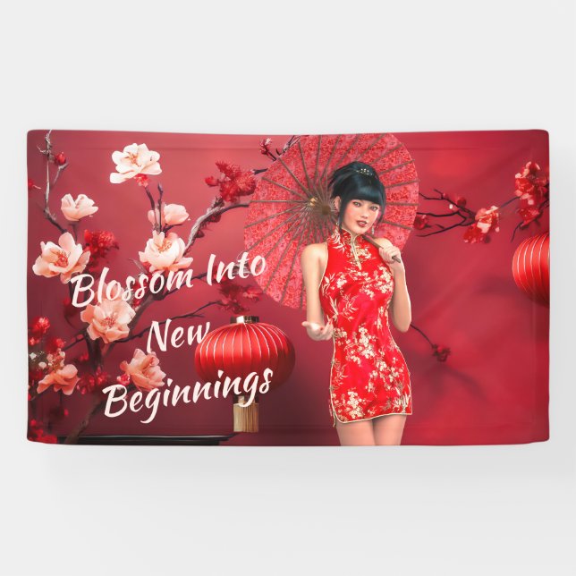 Lona Chica chino de Año Nuevo con un paraguas rojo (Horizontal)