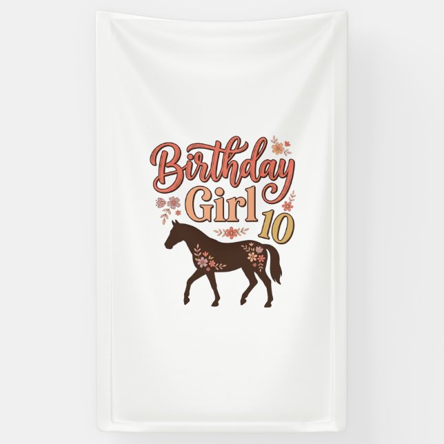 Lona Chica Cumpleaños 10 Caballo Diseño Vectorial Flora (Vertical)