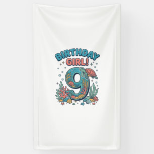 Lona Chica Cumpleaños 9 Tortuga Oceánica Diseño Vectori