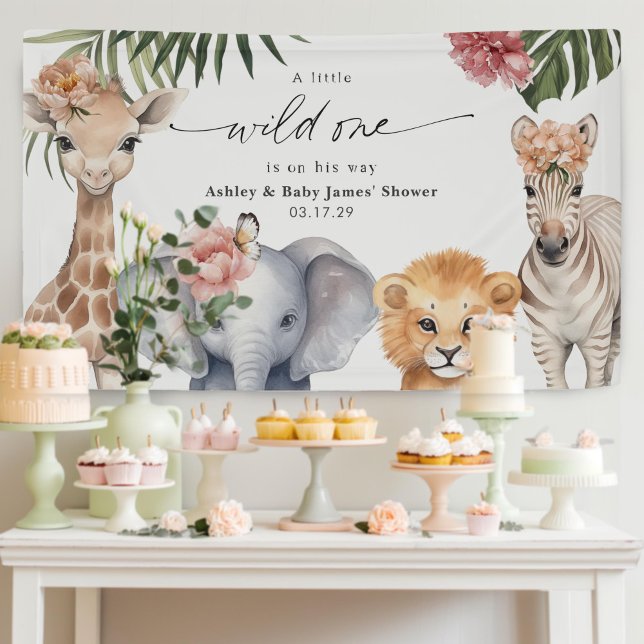Lona Chica de animales salvajes de bonito, un salvaje y (Wild One Safari Animals Baby Girl Shower Party Backdrop decor.)