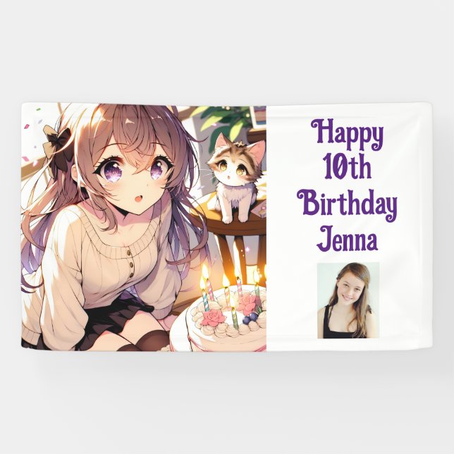 Lona Chica de anime bonito con torta de gatito y cumple (Horizontal)