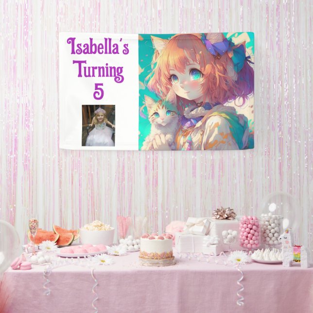 Lona Chica de anime Bonito personalizado con gatito (Fiesta)