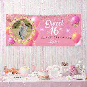 Lona Chica de cumpleaños rosado y dorado dieciséis, per