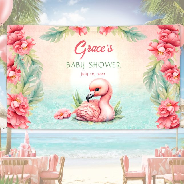 Lona Chica de flamenco rosado de verano tropical Baby S (Tropical Summer Pink Flamingo Girl Baby Shower Banner)