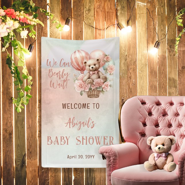 Lona Chica de globos de oseo Teddy Bear espera a Baby S (Teddy Bear and Pink Hot Air Balloons with Flowers "We Can Bearly Wait" Baby Shower Banner)