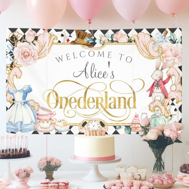 Lona Chica de primer cumpleaños, Alicia en tierra firme (Alice Onderland, Girl 1st birthday invitation.)