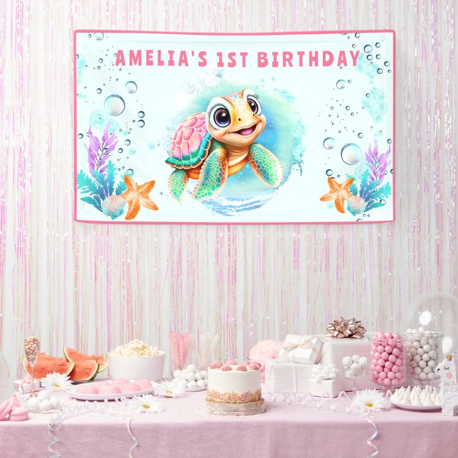 Lona Chica de Tortuga del Mar del Bebé Primer Fiesta de (sea turtle cute colorful summer birthday party banner for girl's 1st birthday)